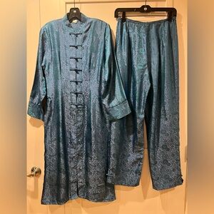 NWOT Elegant Cheongsam Quipao  Chinese  Teal Satin Pajama Set M